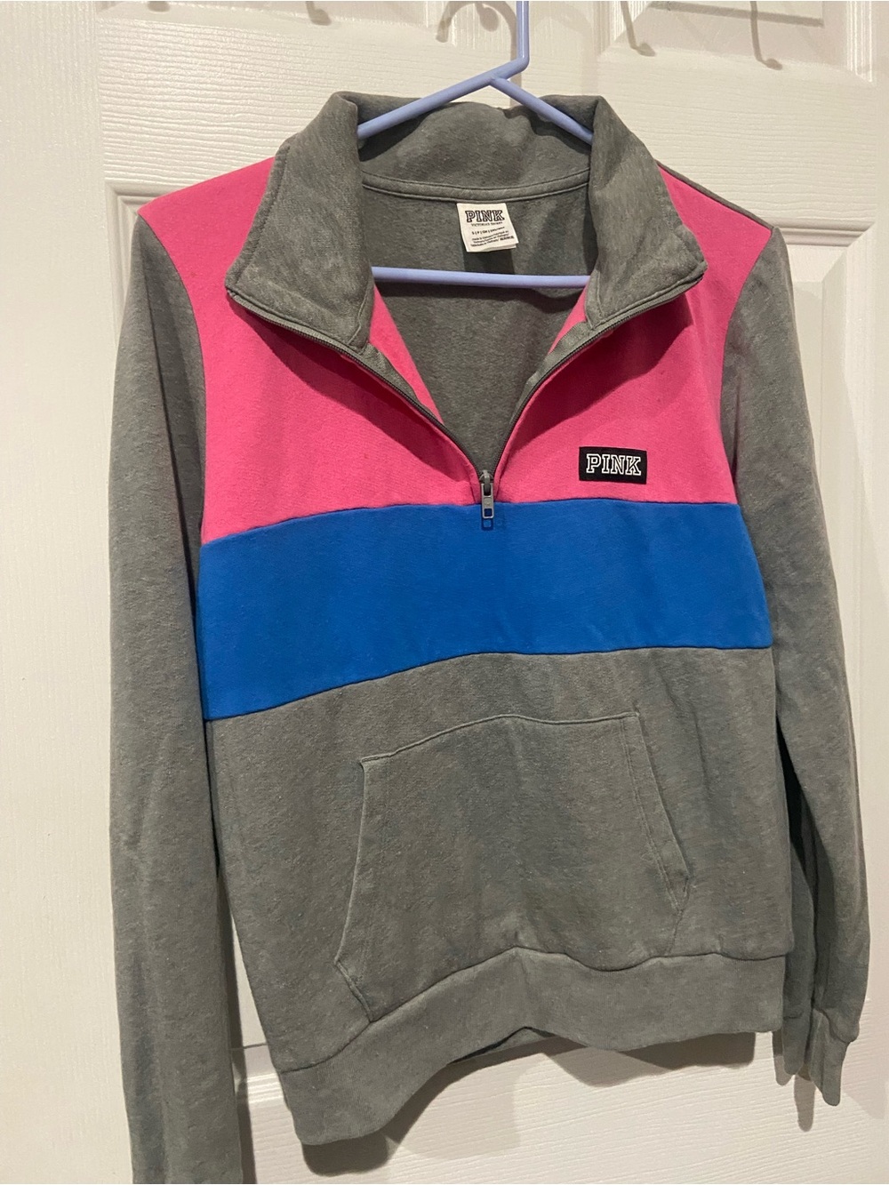 PINK Victoria's Secret Gray Zip-Up Sweater with Pink and Blue Colorblock